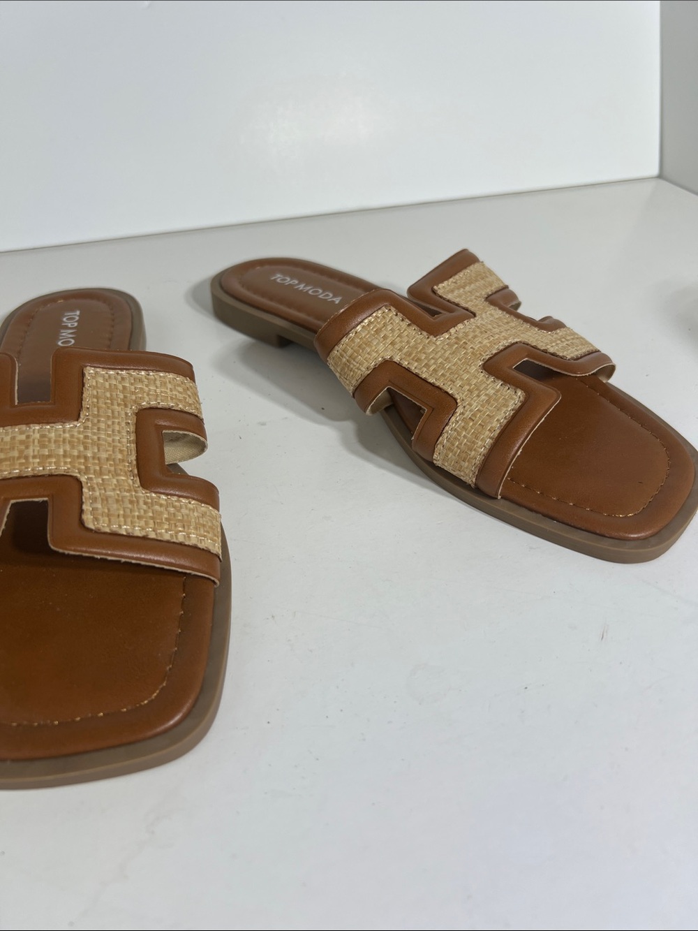TOP Moda Tan and Beige Raffia-Trim Slide Mules - Picture 5 of 5